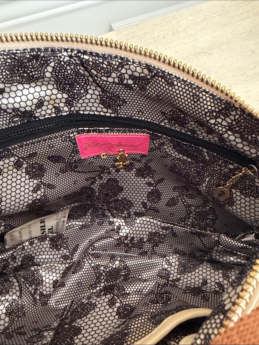 Betsey Johnson Cream Fringe Shoulder Bag with Leopard Rose Cutout - Picture 5 of 7